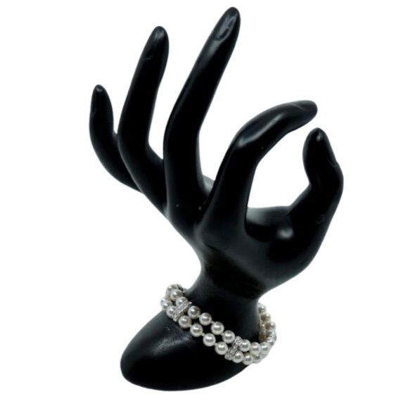 SWAROVSKI~Swan Signed~PEARL & CRYSTAL DOUBLE STRAND TENNIS BRACELET Like New - Picture 3 of 5